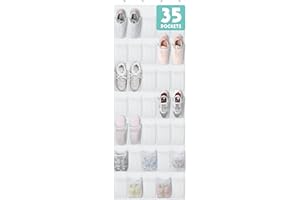 Tiblue Over The Door Shoe Organizer 35 Mesh Pockets Hanging Shoe Organizer Shoe Rack For Door Closet Entryway Bedroom Pantry Organizer - Shoe Holder Hanger For Sneakers, Women High Heeled Shoes White