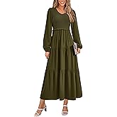 PRETTYGARDEN Fall Dresses for Women 2025 Casual Long Sleeve V Neck Smocked A Line Long Flowy Wedding Guest Dress