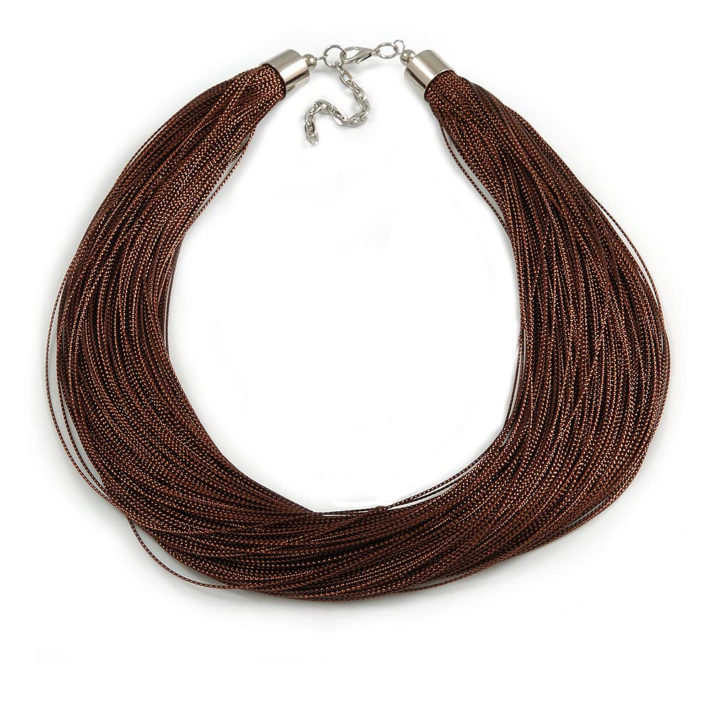 Avalaya Brown Multistrand Silk Cord Necklace In Silver Tone - 50cm L/ 7cm Ext