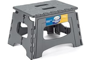 Korpai Upgrade 9" Folding Step Stool for Adults and Kids Holds Up to 300 lbs,Non-Slip Folding Stools with Portable Handle, Compact Plastic Foldable Step Stool for Bathroom, Kitchen,Grey,1 PC