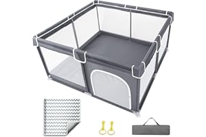 Grobeybees Baby Playpen with Mat, Playpen for babies and toddlers, Large Baby Playpen with Pad, Baby Playard, Indoor & Outdoor Play Pen, Sturdy Safety Baby Play Yard with Soft Breathable Mesh (Grey)