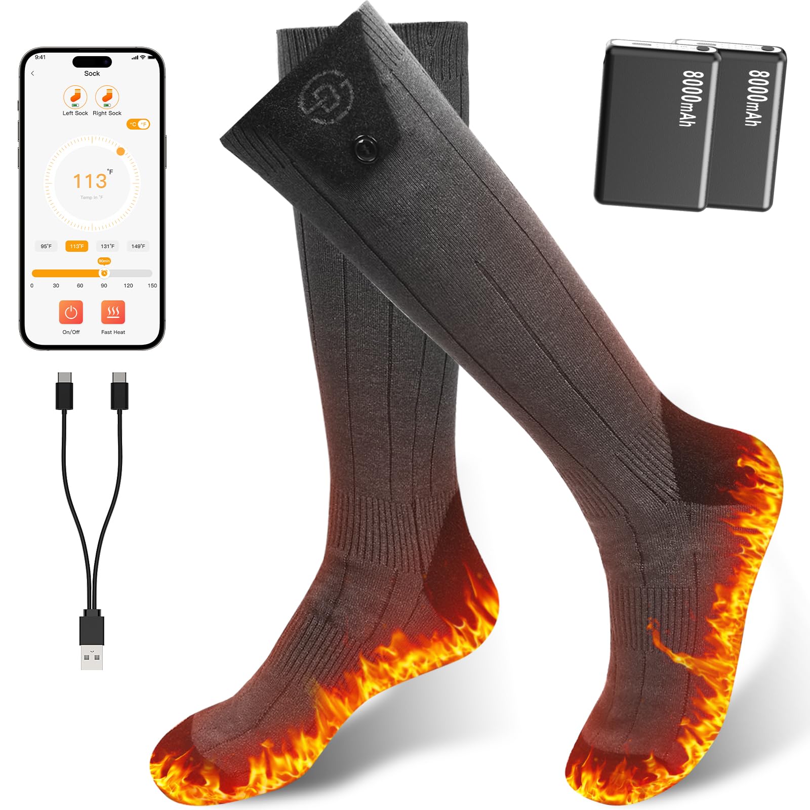 Photo 1 of Netraty Heated Socks for Women Men, 8000mAh Rechargeable Battery Foot Warmer Hiking Socks Up to 10 Hours, APP Controlled Electric Heated Socks with 4 Heating Levels for Camping Skiing