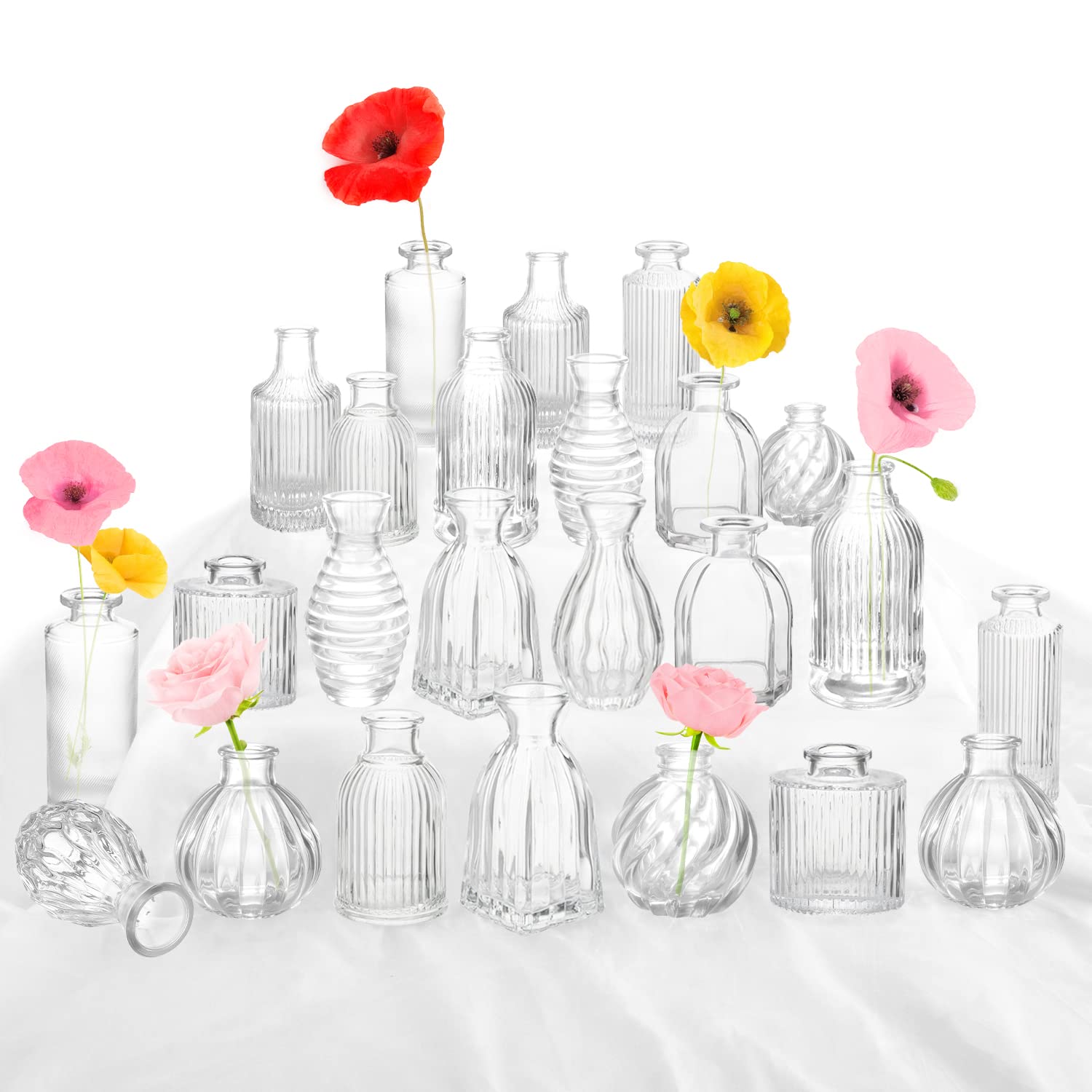 Photo 1 of Vases In Bulk 24, Small Glass Vase for Centerpieces, Vintage Vases for Decor, Mini Clear Single Flower Vase Bulk for Wedding Decor Rustic Decorative Christmas Vases Set Home Table Decorations