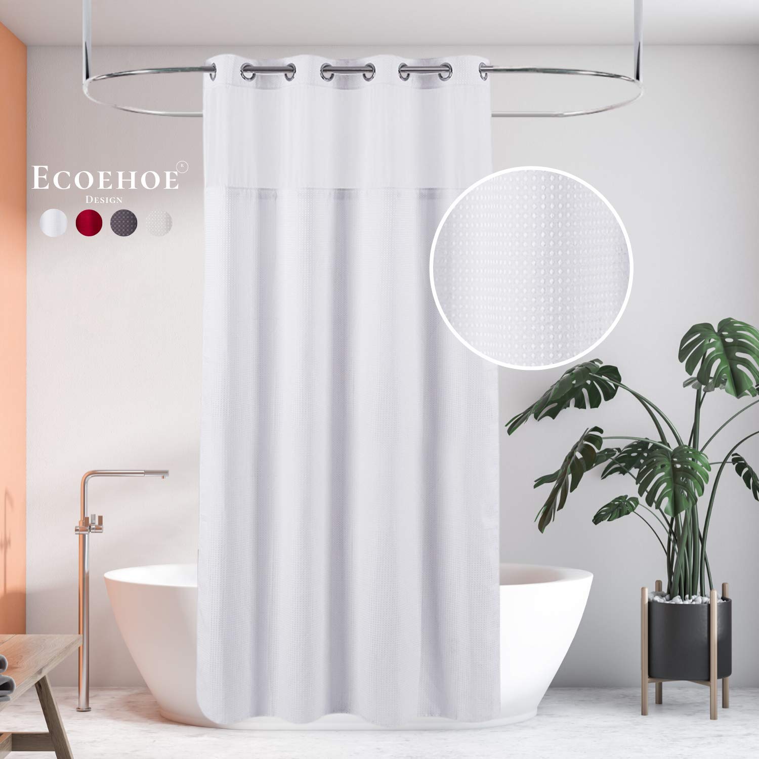 HappyBath Extra Long 71x79 White Waffle Fabric Shower Curtain No Hooks with Removable Polyester Liner - Top See Through