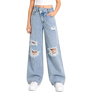 Ecolala Girls Ripped Jeans Cross Waist Distressed Wide Leg Denim Pants Baggy Trouser