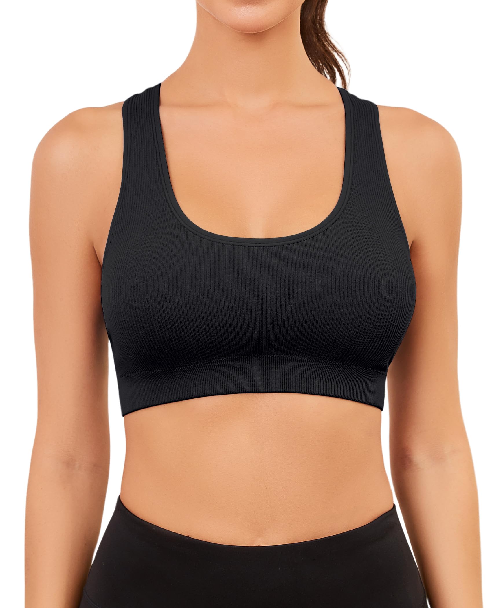 Photo 1 of AegisChic Black Racerback Sports Bra for Women Seamless Ribbed Yoga Bra Padded Supportive Crop Top for Workout