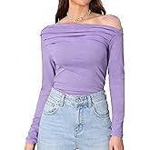 Allegra K Off The Shoulder Tops for Women Long Sleeve Boat Neck Ruched Going Out Shirts Slim Fit Tee Blouses