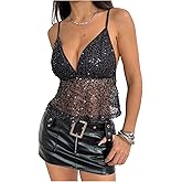 Verdusa Women's Y2K Sparkly Sequin Camisole Tops Sheer Mesh V Neck Sleeveless Date Night Outfits