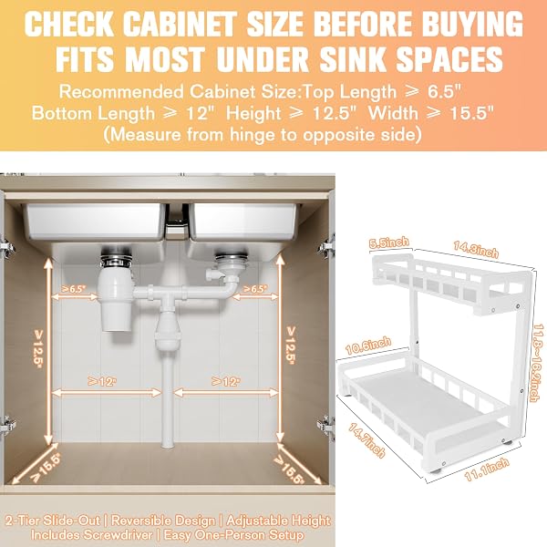UNDER SINK ORGANIZER 2 PACK, METAL LARGE CAPACITY 2-TIER SLIDING CABINET STORAGE RACK, HEAVY-DUTY RUST-RESISTANT STEEL FRAME, HOLDS 50 LBS EACH, ADJUSTABLE HEIGHT 12–16″, 14″D X 11″W FOR HOME, WHITE