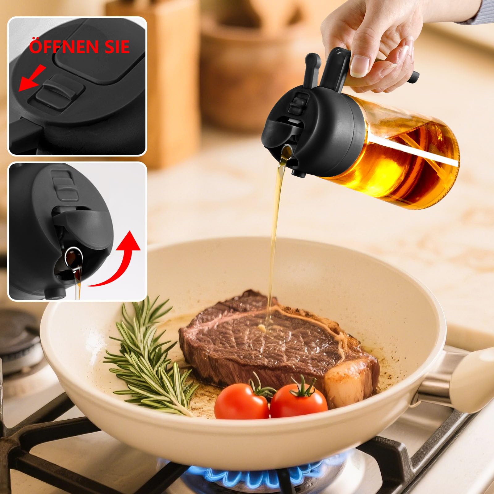 SWEET VIEW 2 in 1 Ölsprüher zum Kochen, 470ml Glasölflaschen/Olivenöl Sprühflasche für Salat, Grillen und Heißluftfritteuse (Schwarz) 4