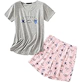 PNAEONG Women's Pajamas Set, Cotton Short Sleeve Sleepwear Top Capri Pjs Sets S-XXL