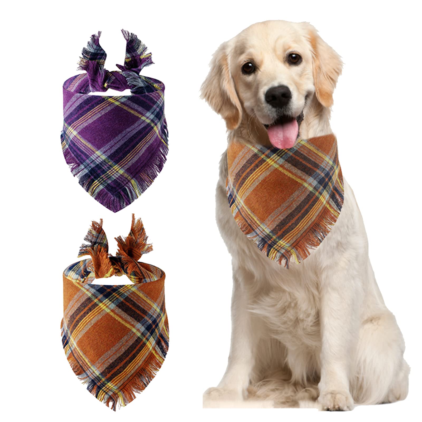 HACRAHO Plaid Dog Bandanas, 2 PCS Reversible Triangle Dog Scarf with Tassels Edges Washable Dog Triangle Kerchief for Dogs and Cats, Purple and Brown