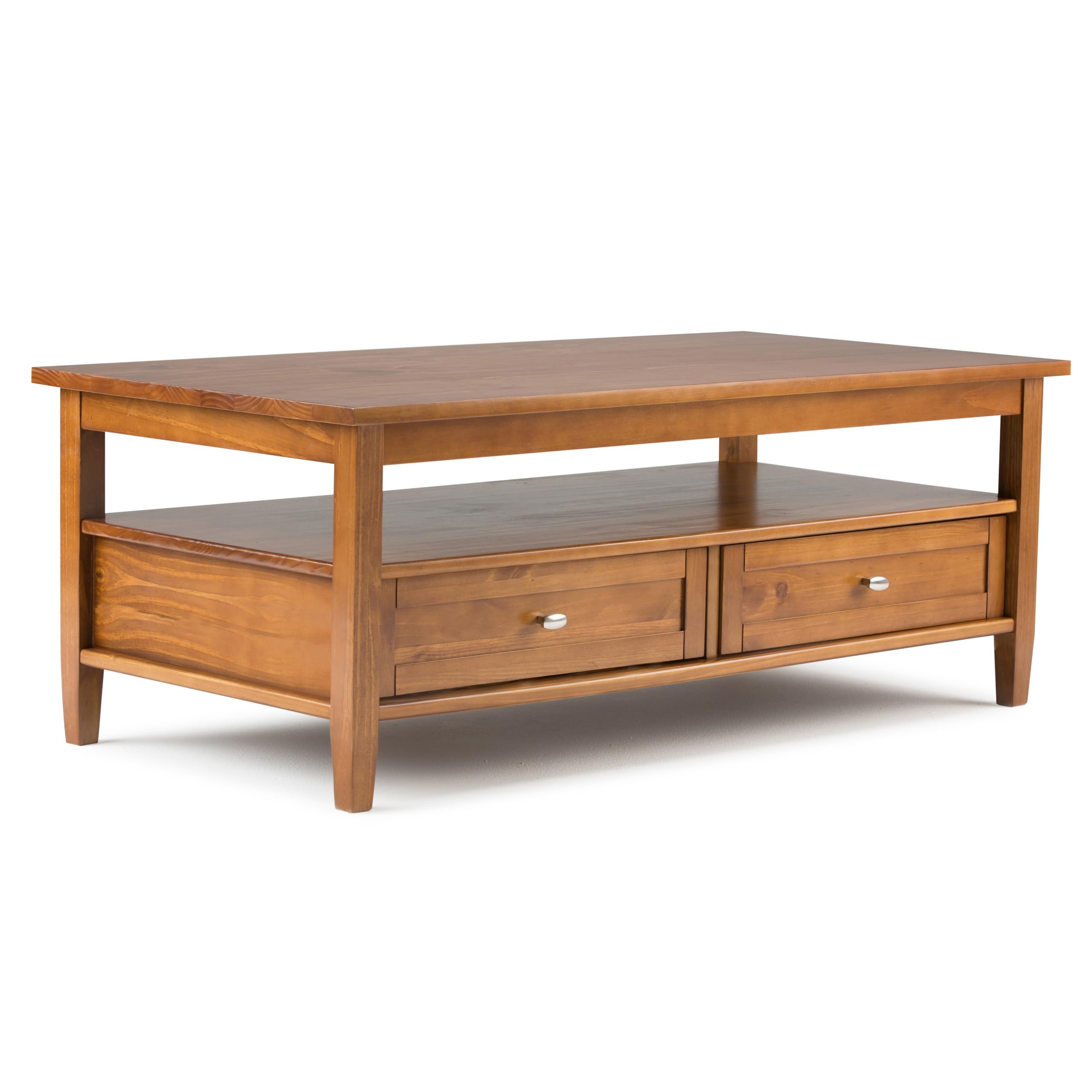 Photo 1 of *** MINOR DAMAGE***1031390002
SIMPLIHOME Warm Shaker Coffee Table - 48 inch Wide Solid Wood Coffee Table in Light Golden Brown, Transitional Living Room Table with 2 Drawers, Open Shelf, Shaker Fronts and Tapered Legs