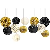 NICROLANDEE Black Gold Party Decorations,12PCS Paper Lantern Tissue Pom Poms Black and Gold Hanging Backdrop Decor for 2026 Graduation New Year Birthday Christmas Party Supplies