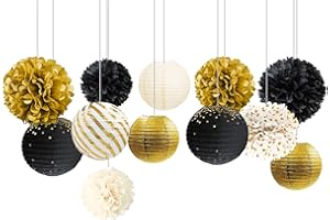 NICROLANDEE Black Gold Party Decorations,12PCS Paper Lantern Tissue Pom Poms Black and Gold Hanging Backdrop Decor for 2025 N
