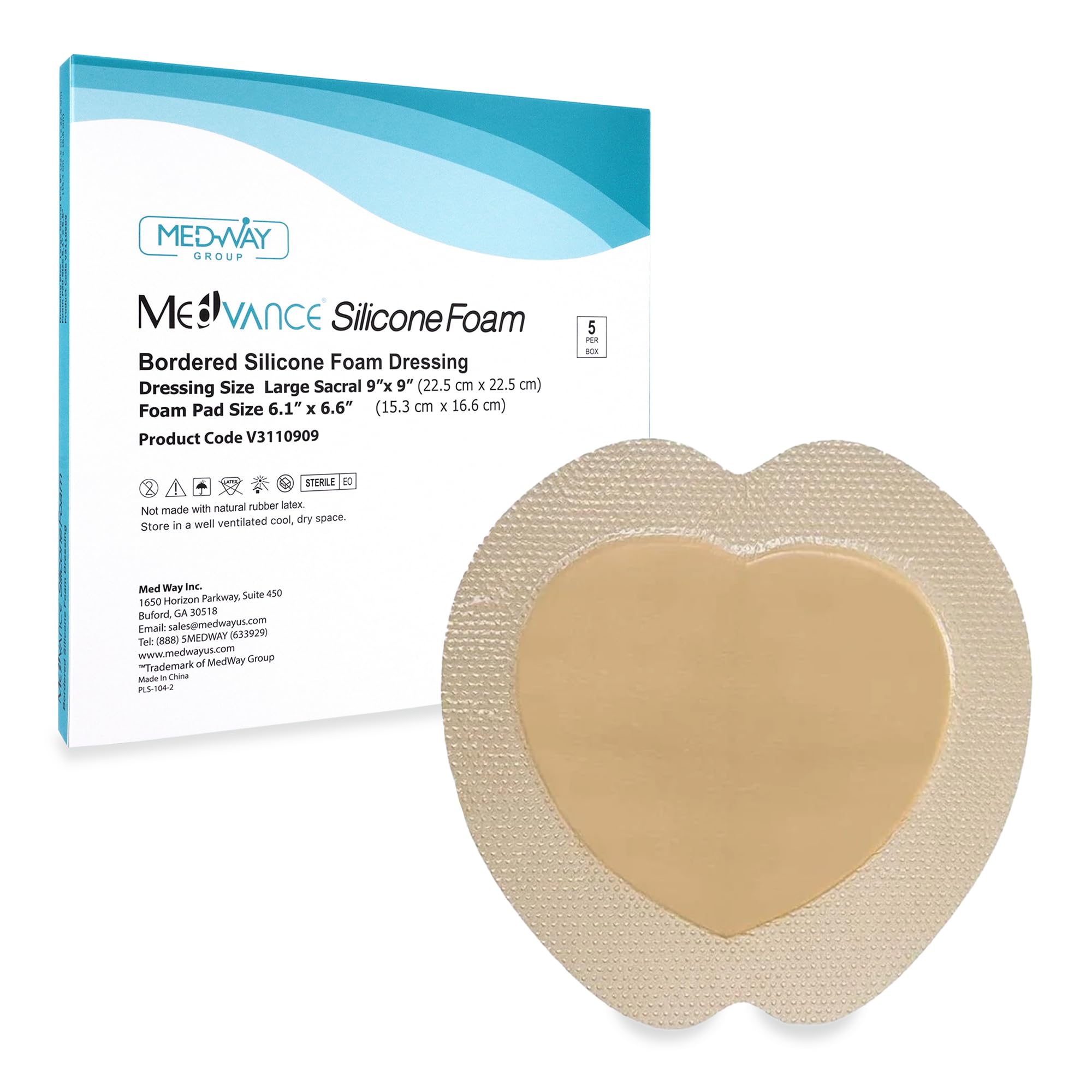 MedVanceTM Silicone - Bordered Silicone Adhesive Foam Dressing Sacral, Size 22.5 cm x 22.5 cm (15 cm x 16.5 cm Pad), Box of 5 dressings
