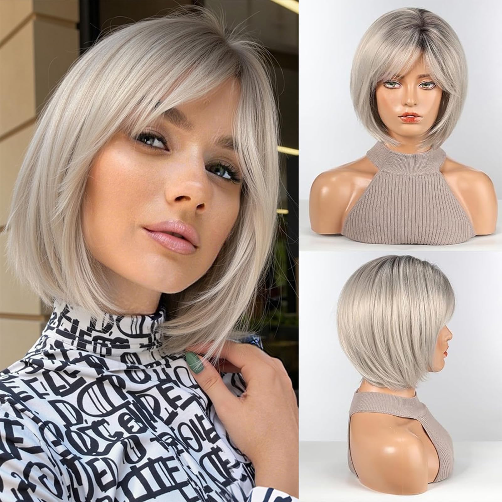 HAIRCUBE Bob Wigs for Women Synthetic Wig with Fringe Grey Color — image 1