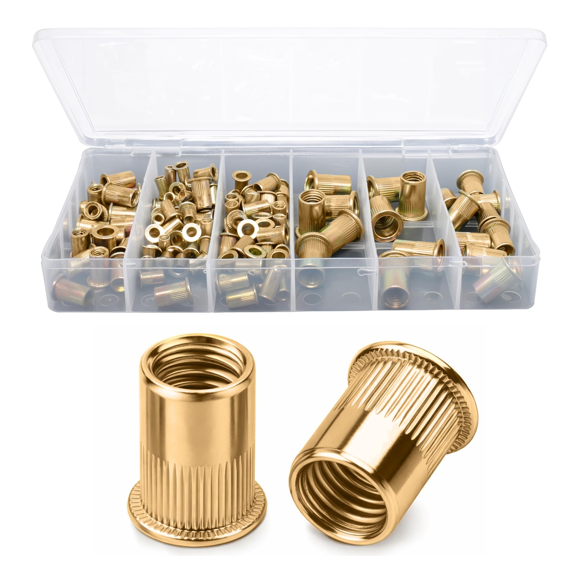 Trimming Shop Flat Head Flange Rivet Nuts Assortment, Gold Iron Threaded Nutserts, M4, M5, M6, M8, & M10 Sizes, Open End Anchoring Fasteners for Automotive Panels, HVAC - 120pcs pack