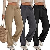 JoyMotion 3 Pack Womens Lounge Pants Wide Leg Drawstring Casual Palazzo Trousers High Waisted Yoga Sweatpants with Pockets