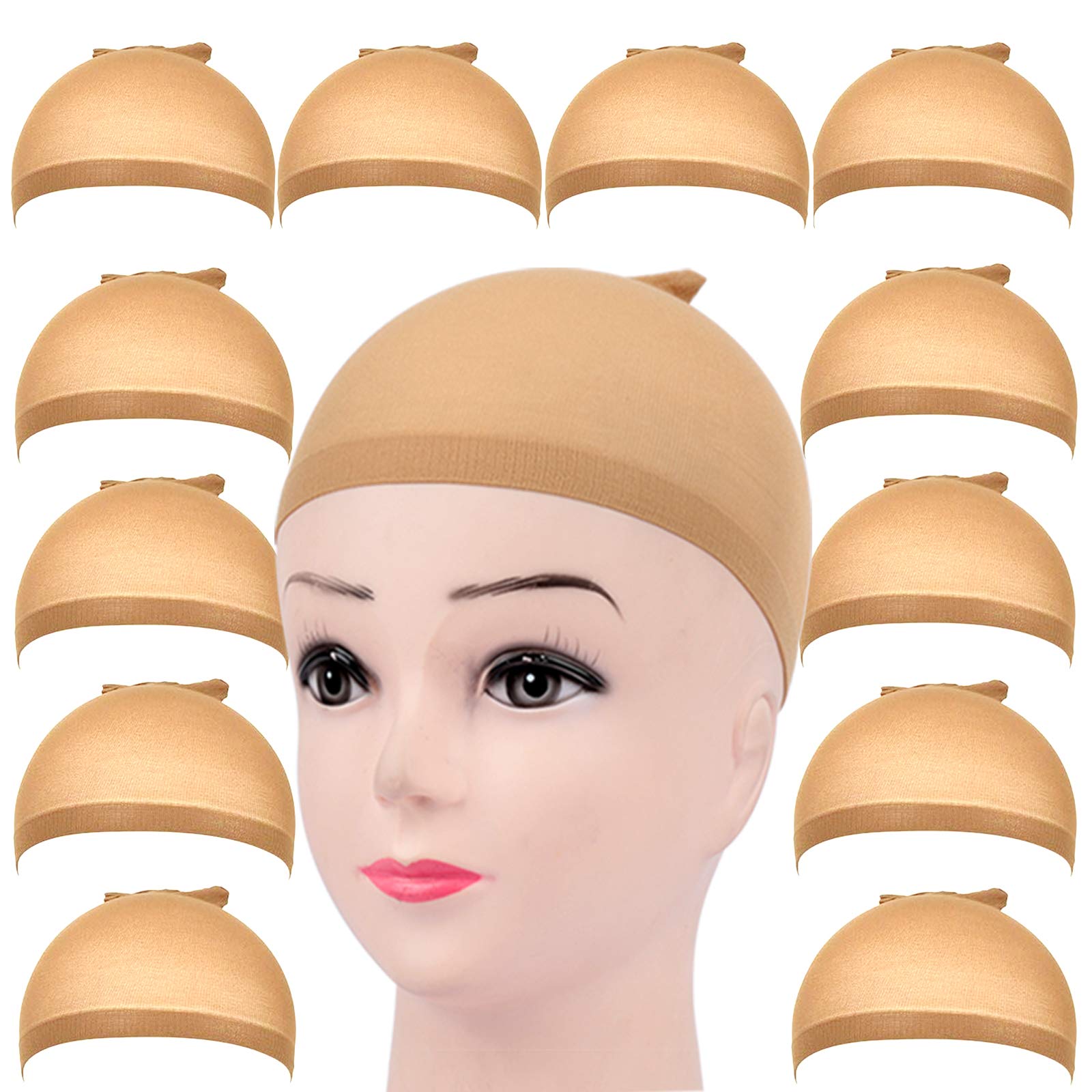 FANDAMEI 12Pcs Light Brown Elastic Stretchy Nylon Stocking Wig Caps - Unisex Dome Cap with Close End for Women Makeup, Mesh Net Stocking Cap Hair Net for Wigs, Nylon Wig Making Cap Snood for Men