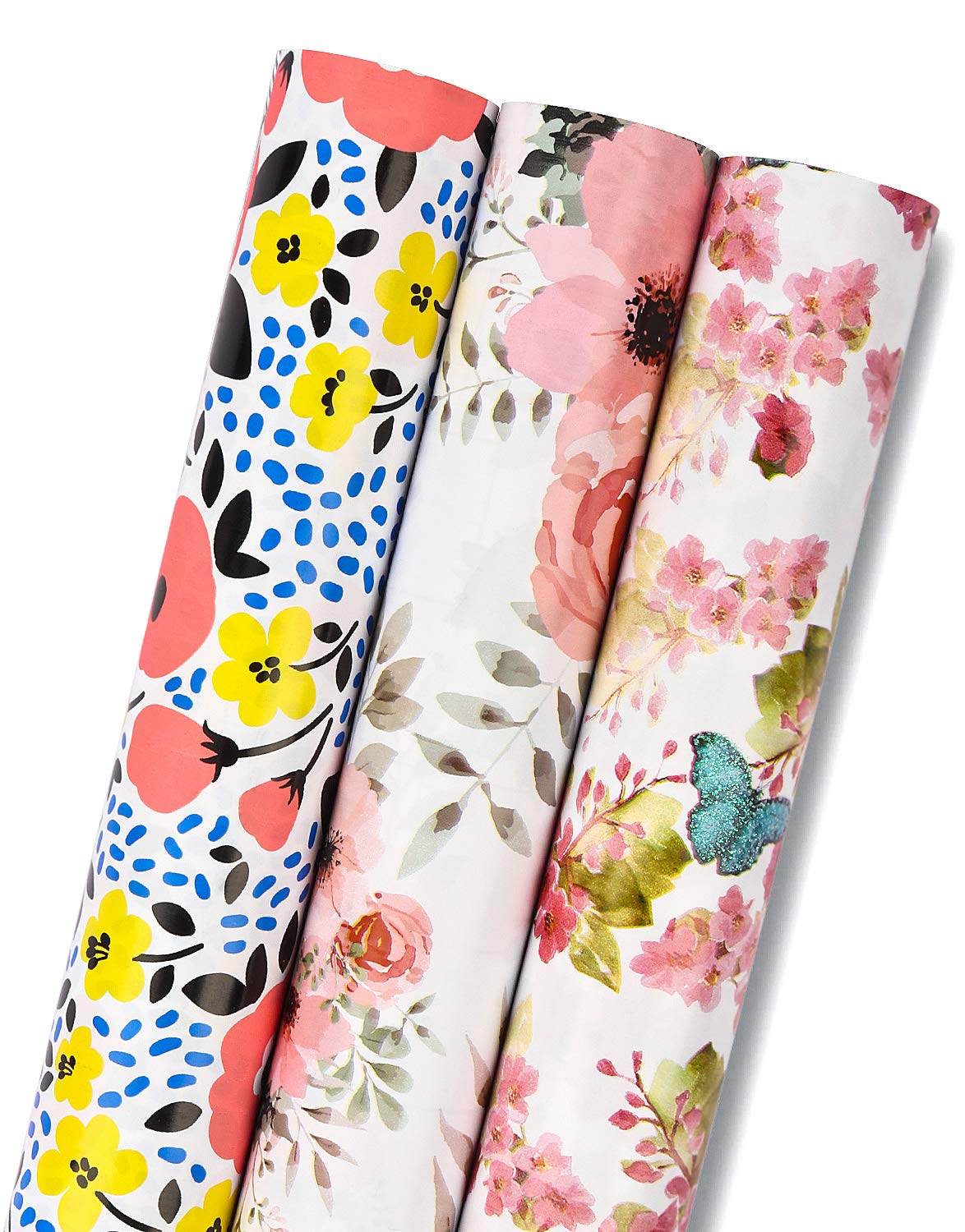 RUSPEPA Wrapping Paper Roll - Mini Roll - 3 Different Floral and Butterfly Design (42.5 sq. ft.ttl.) - 43.2 cm X 3.05 m Per roll