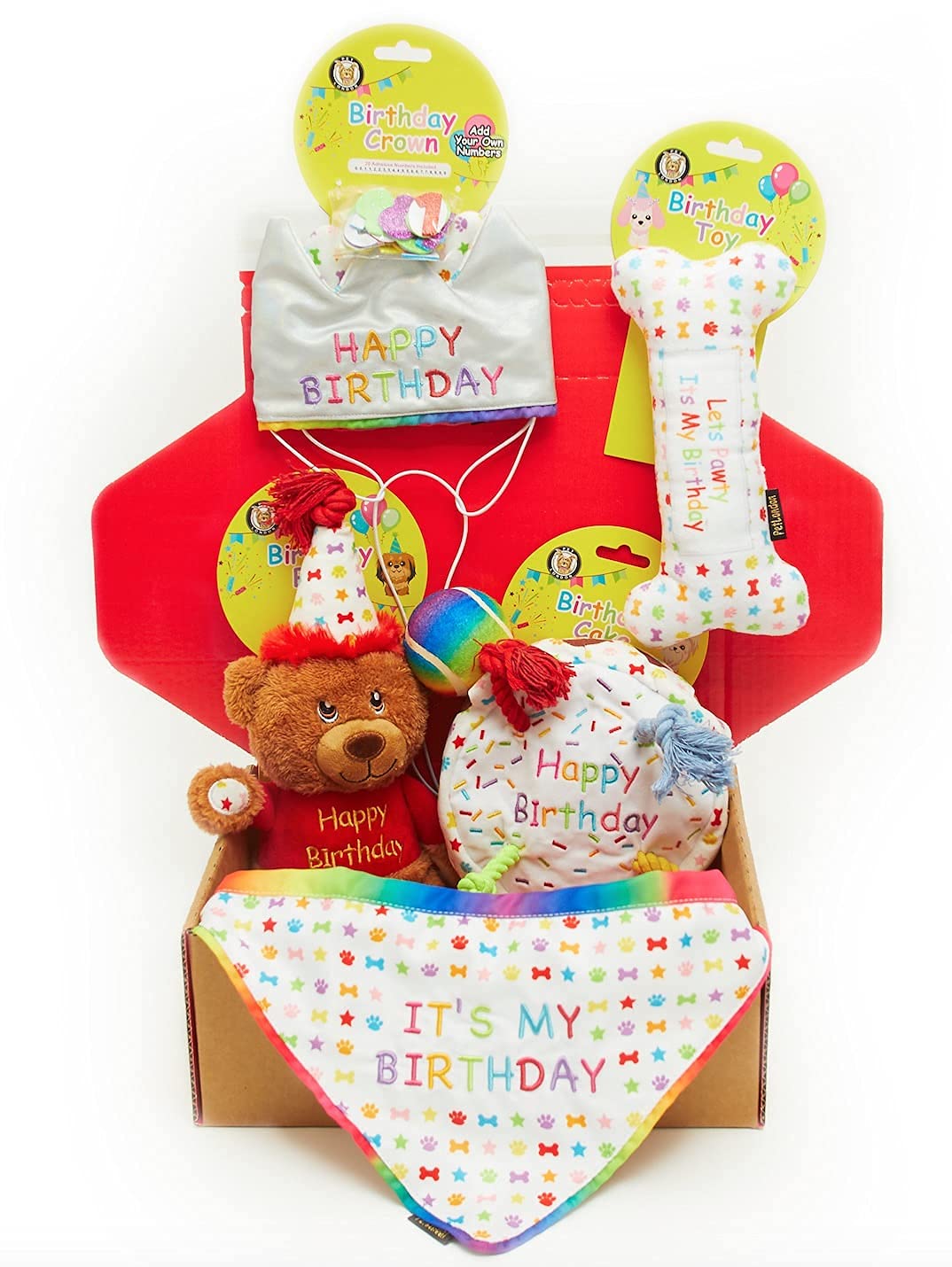 Pet London Dog Birthday Gift Box 6-Piece Hamper Present set, Perfect Dogs Happy Bday Celebration, includes Toys, Hat and Bandana (Large)