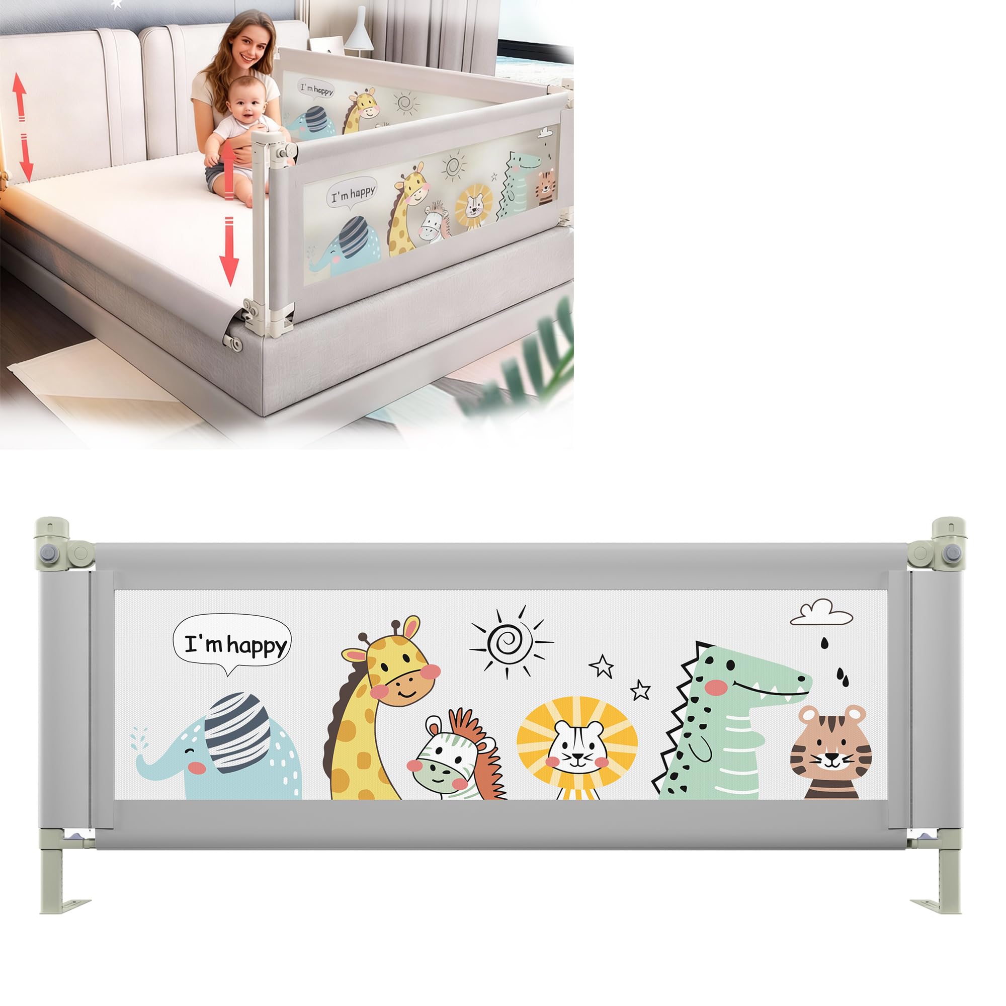 EAQ Toddlers Bed Rails Bed Guard for Single Bed Multi Gear Adjustable Height Seamless Press Guard rail Kids Great Fit Full-Size Queen & King Mattress (ZOO, 150cm)