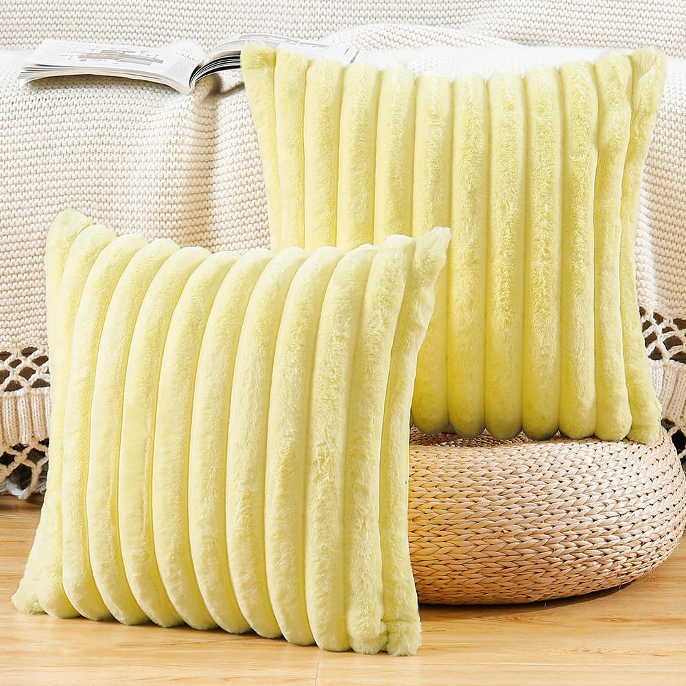 Madizz Set of 2 Faux Fur Decorative Cushion Covers 16x16 inch, 40x40 cm, Yellow Soft Couch Throw Pillows for Bed Modern Pillowcases for Sofa Livingroom Home Decor — image 1