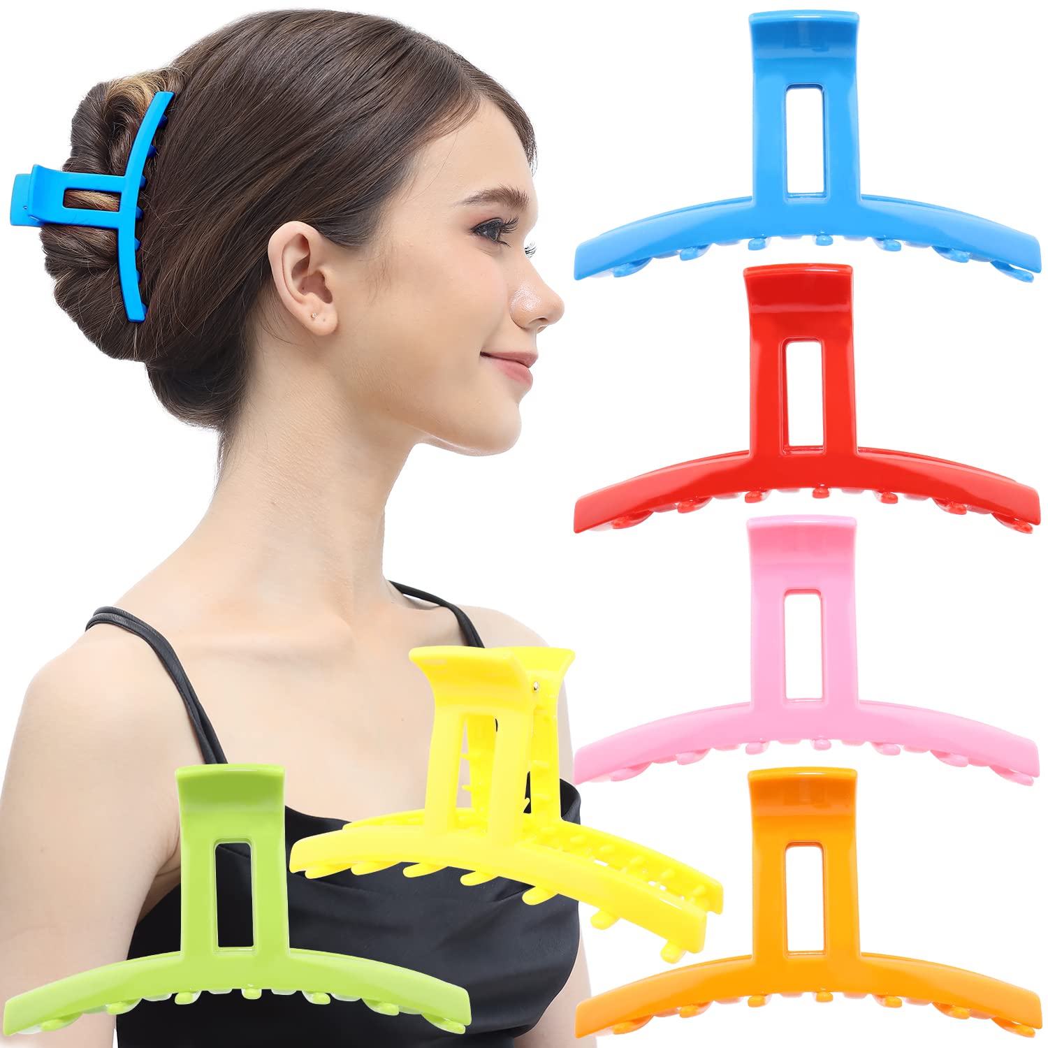 RC ROCHE ORNAMENT 6 Pcs Womens Strong Hold Claw Thick Hair Clip No Slip Grip Strong Spring Teeth Claw Jaw Clamp Beauty Fashion Ladies Classic Plastic Clips, Large Rainbow Multicolor