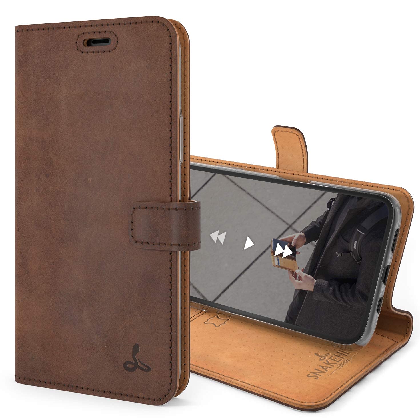 Snakehive Leather Wallet for iPhone 11 || Real Leather with Viewing Stand & 3 Card Holder || Flip Folio Cover with Card Slot (Brown)