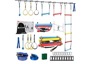 GENTLE BOOMS SPORTS Ninja Warrior Obstacle Course for Kids, 2×56ft Slackline Kit with 8 Ninja Accessories - Monkey Bar, Rope Ladder, Gymnastic Ring, Arm Trainer and Monkey Fist