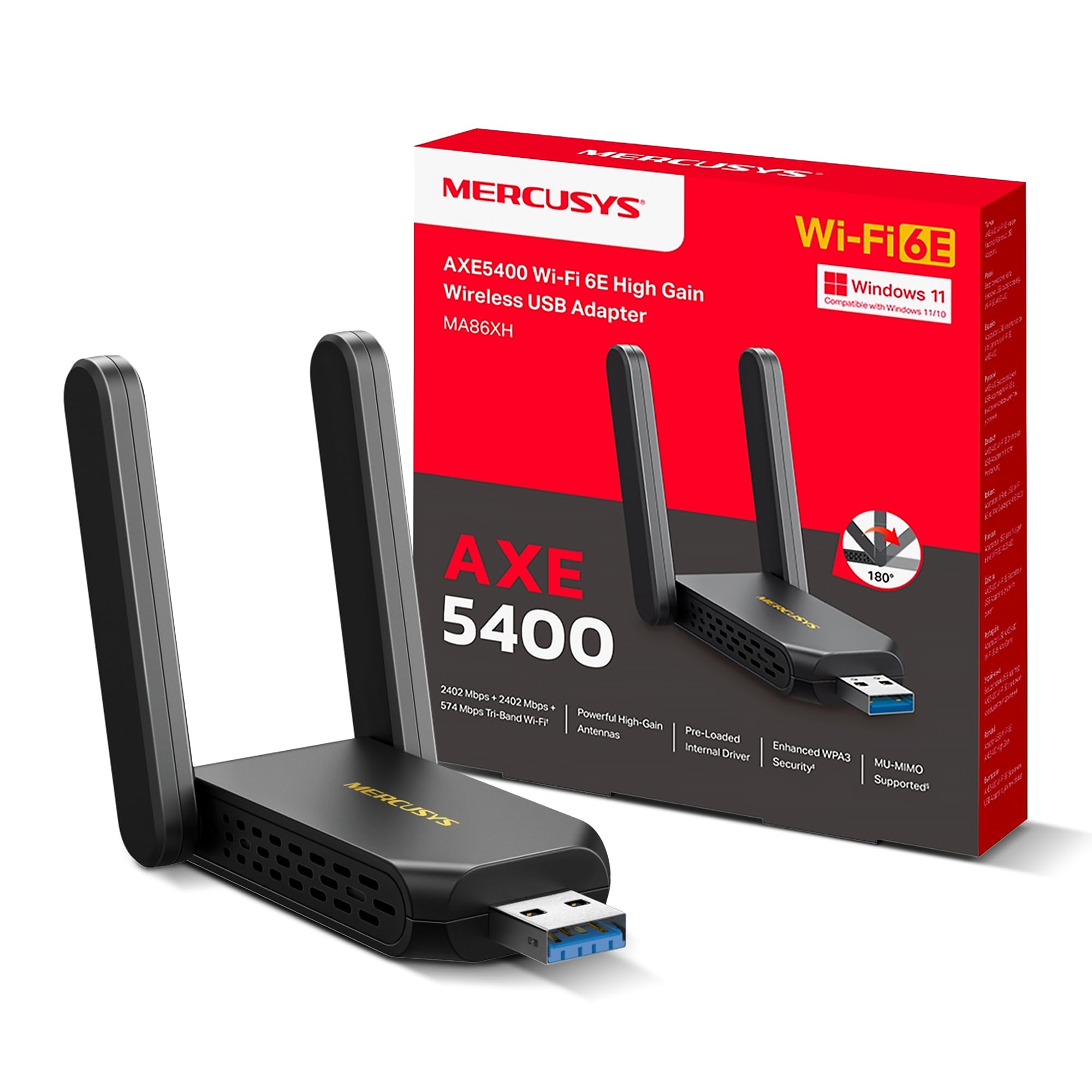 Mercusys Ma86Xh Axe5400Mbps Wi-Fi 6E High-Gain Usb Wifi Adapter For Pc, Usb 3.0 Wifi Dongle With Speeds Up To 2402 Mbps On 6 &Amp; 5Ghz, Windows 10 &Amp; 11 Compatible, Wpa3 Security, Streaming/Gaming