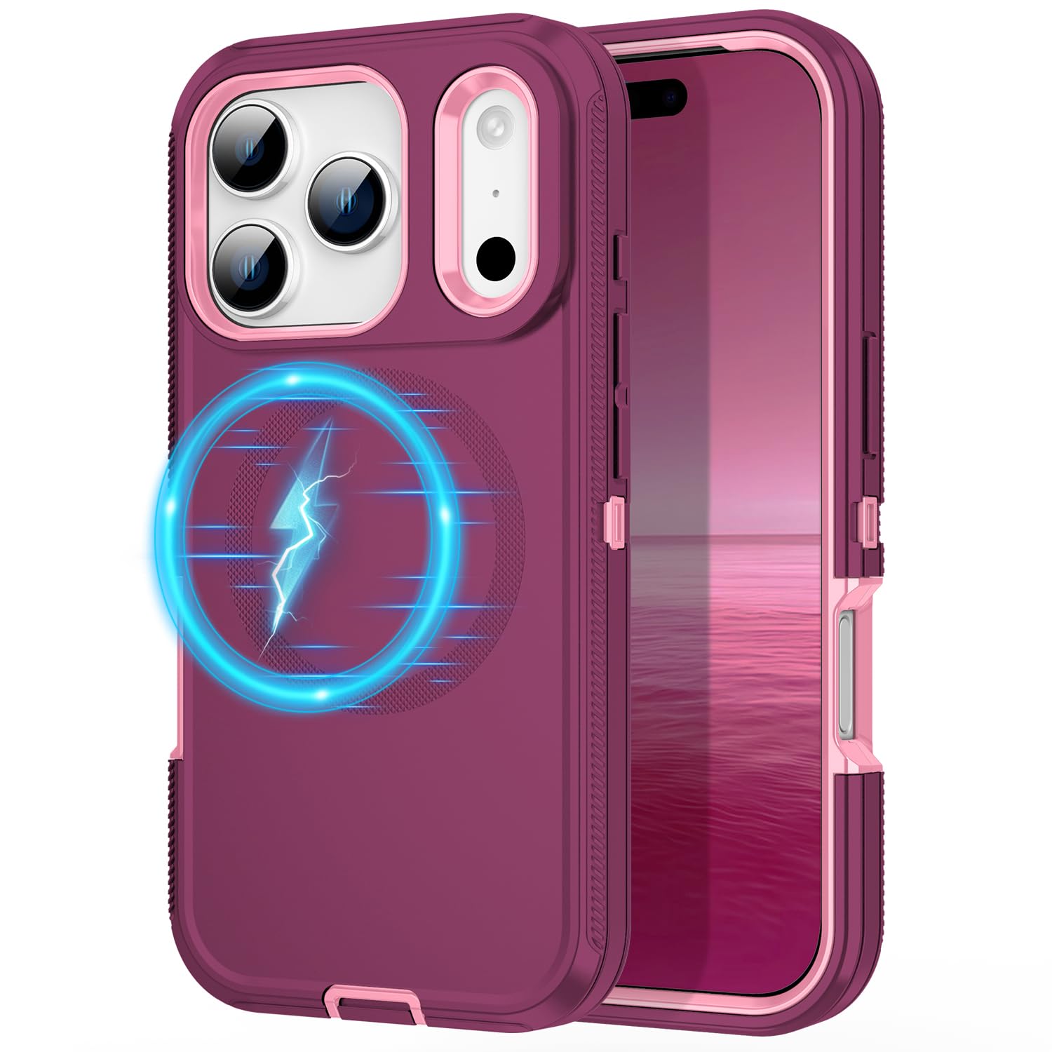 Mieziba for iPhone 17 Pro Case,[Compatible with MagSafe][Military Grade Shockproof] 3-Layer Heavy Duty Protection Cover Case for iPhone 17 Pro 6.3",Purple/Pink