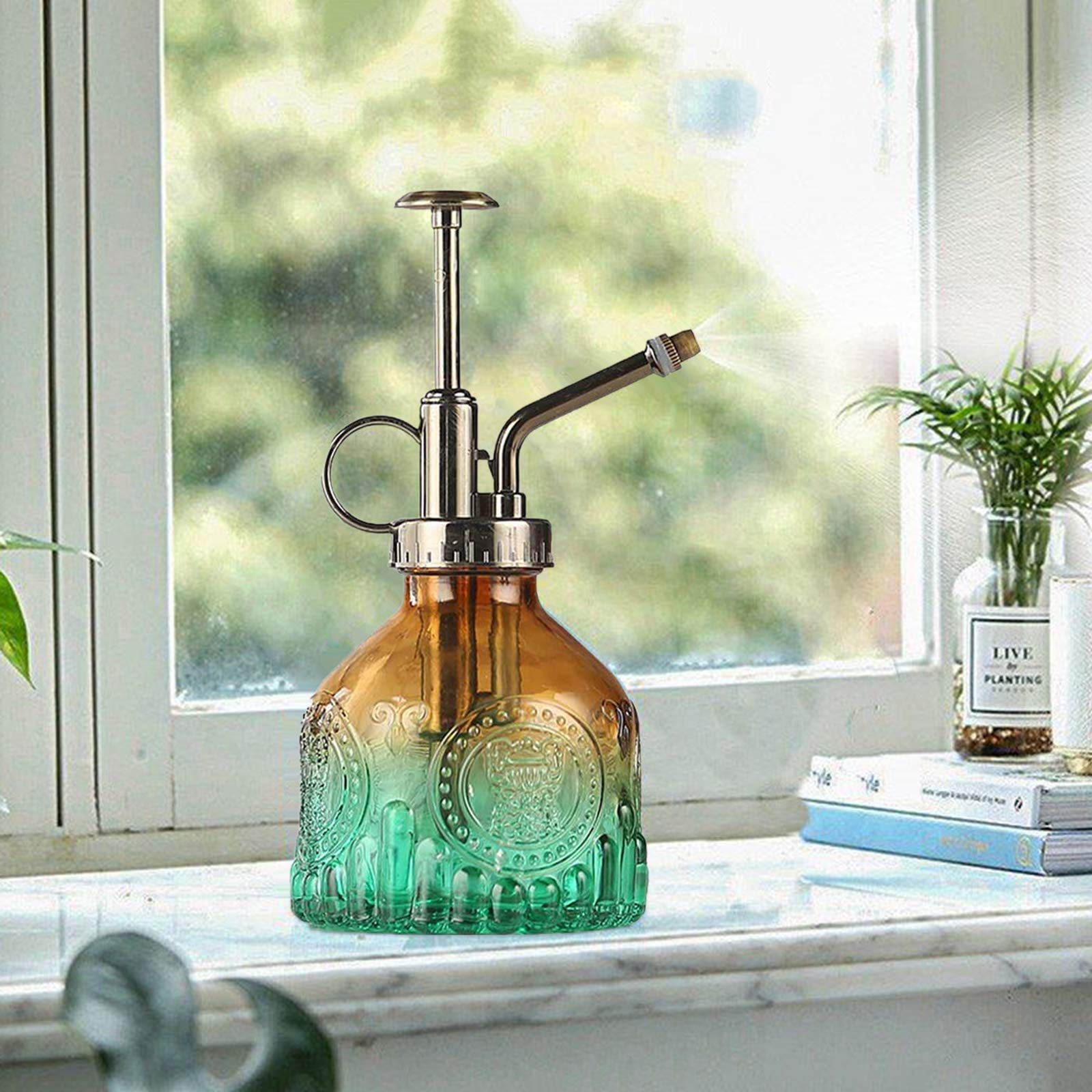 æ— Glass Plant Spray Bottle Glass Watering Spray Bottle Vintage Flower Water Can with Bronze Top Pump,Small Plant Sprayer Mister Watering Can for Indoor Outdoor House Plant