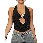 Verdusa Women's Y2k Tops Sequin Going Out Outfits Backless Draped Neck Halter Top Rave Party Clubwear
