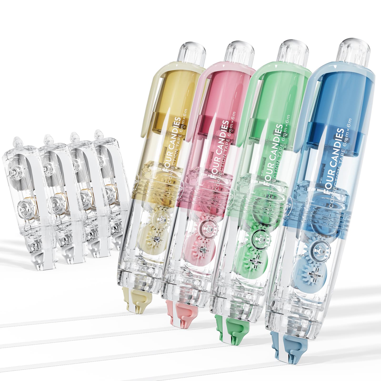 Four Candies White Out Correction Tape, 4PCS Refillable Retractable Cute Colorful Quick Dry Easy To Use White Out with 2 Replacement Tapes for Home School Office Supplies