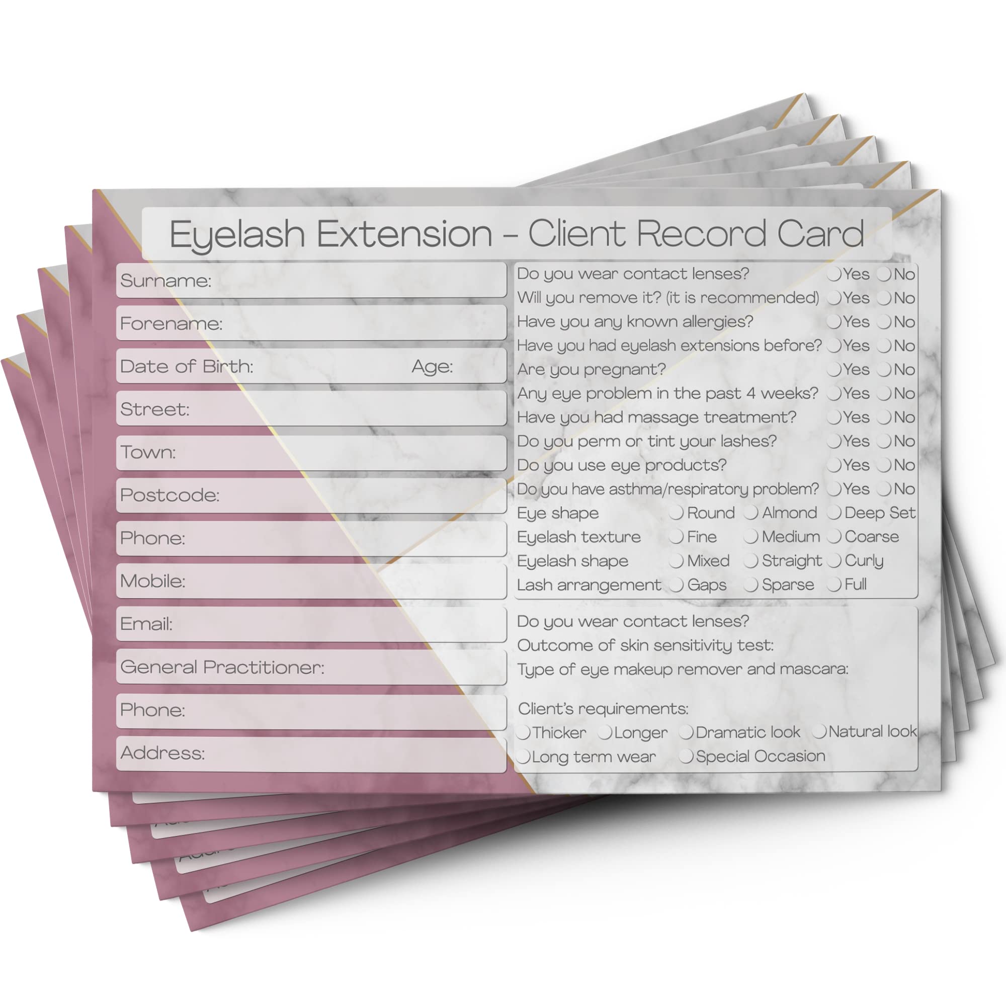Eyelash Extension Client Cards - Salon and Therapist Customer Consultation Record - Treatment Services Essentials - Profile and Recording Forms - Gift Loyalty Vouchers Beauty Stationery Pack of 25