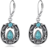 Western Horseshoe with Turquoise Dangle Earrings 925 Sterling Silver Retro Pear Cut Natural Green Turquoise Horseshoe Earrings for Women