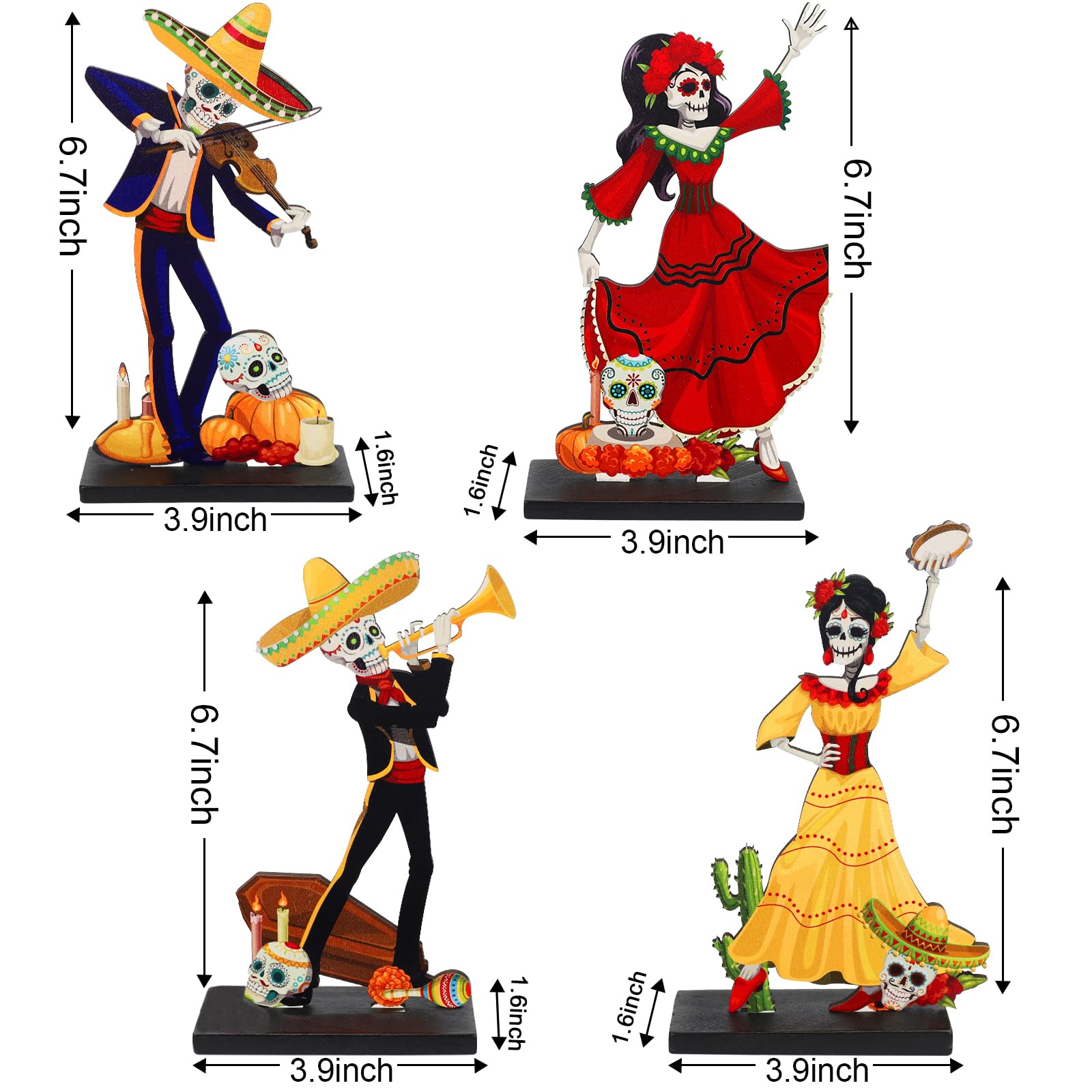 Strdfeve 4 Pieces Day of The Dead Table Top Decorations Wooden Halloween Sign for Mexican Fiesta Decorations,Dia De Los Muertos Centerpieces for Table