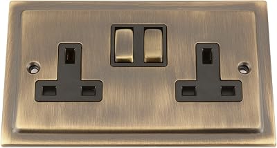A5 Products Victorian Antique Brass 2 Gang 13 Amp Double Socket Black Insert
