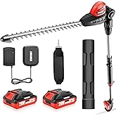 EWORK 20V Pole Hedge Trimmer Cordless with 2&times;2.0Ah Batteries &amp; Charger | Extension Pole 6.3Ft to 8.6Ft, Adjustable Head, Lightweight Pole Tree Trimmer for Tall Hedges &amp; Lawn Edging