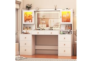 CHARTUSTRIABLE 62" Large White Vanity Desk w/ Tempered Glass Top,60000-color LED Lights,Power Outlet, Make up Vanity w/ 3 Lights Mode LED Mirror,9 Drawers,2 RGB Cabinet LEDs Vanitys Table for Women,Girls