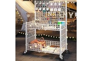 White Folding Snack Display Cart with Wheels, 2-Tier Metal Storage Rack Stand, 20 Hooks, Portable Retail Shelf Merchandising 