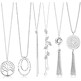 HAIAISO 6Pcs Long Necklaces for Women Tassel Pendant Necklace Circle Knot Bar Feather Leaf Sweater Necklace Statement Necklace for Women