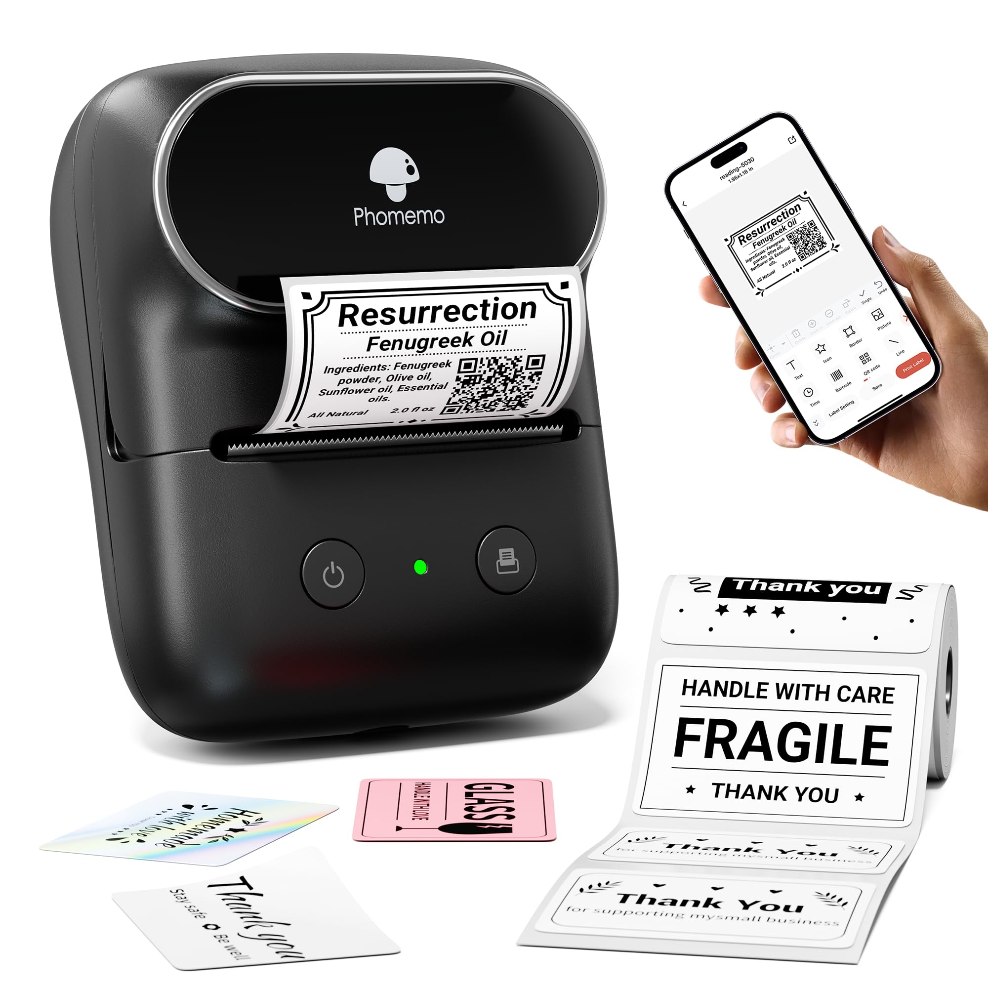 Phomemo M108 Label Maker Machine, Bluetooth Label Makers for Small Business, Home, Office, 2 Inch Barcode Label Printer with 300+ Templates, Address Label Printer for Address, Logo, Clothing, Black