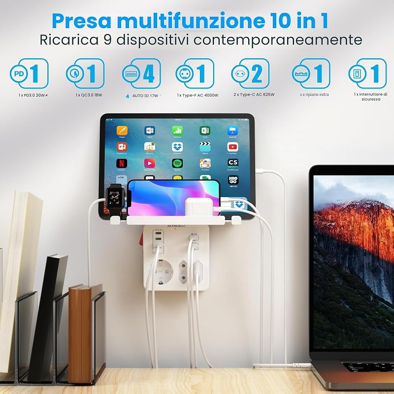 Presa Multipla Salvaspazio con Interruttore, Ciabatta Multipresa da Parete