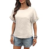 vinglam Women's Linen Shirt 100% Linen Oversize Blouse Short Sleeve Crew Neck Loose Fit Tshirt