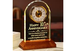 YWHL 10th Wedding Anniversary Clock Gifts for Couples, Happy 10 Years Anniversary Glass Gift for Her Him, Table Clock Present