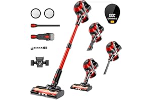 BSNAW Cordless Vacuum Cleaner - Lightweight, 35Kpa Home Stick Vacuum, Smart Display & Removable Battery, Up to 45 Mins, 8 in 1 Portable Handhled Vacuum, Wall Mount Charging for Hardfloor, Carpet Red