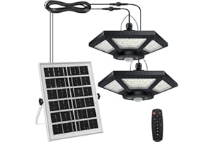Aqonsie Solar Shed Light Indoor Outdoor 180LED Dual Head Solar Powered Pandent Daytime Work Lights with 5 Lighting Modes & 3 Timers, Solar Indoor Lights Motion Sensor with Remote for Shed Barn Garage